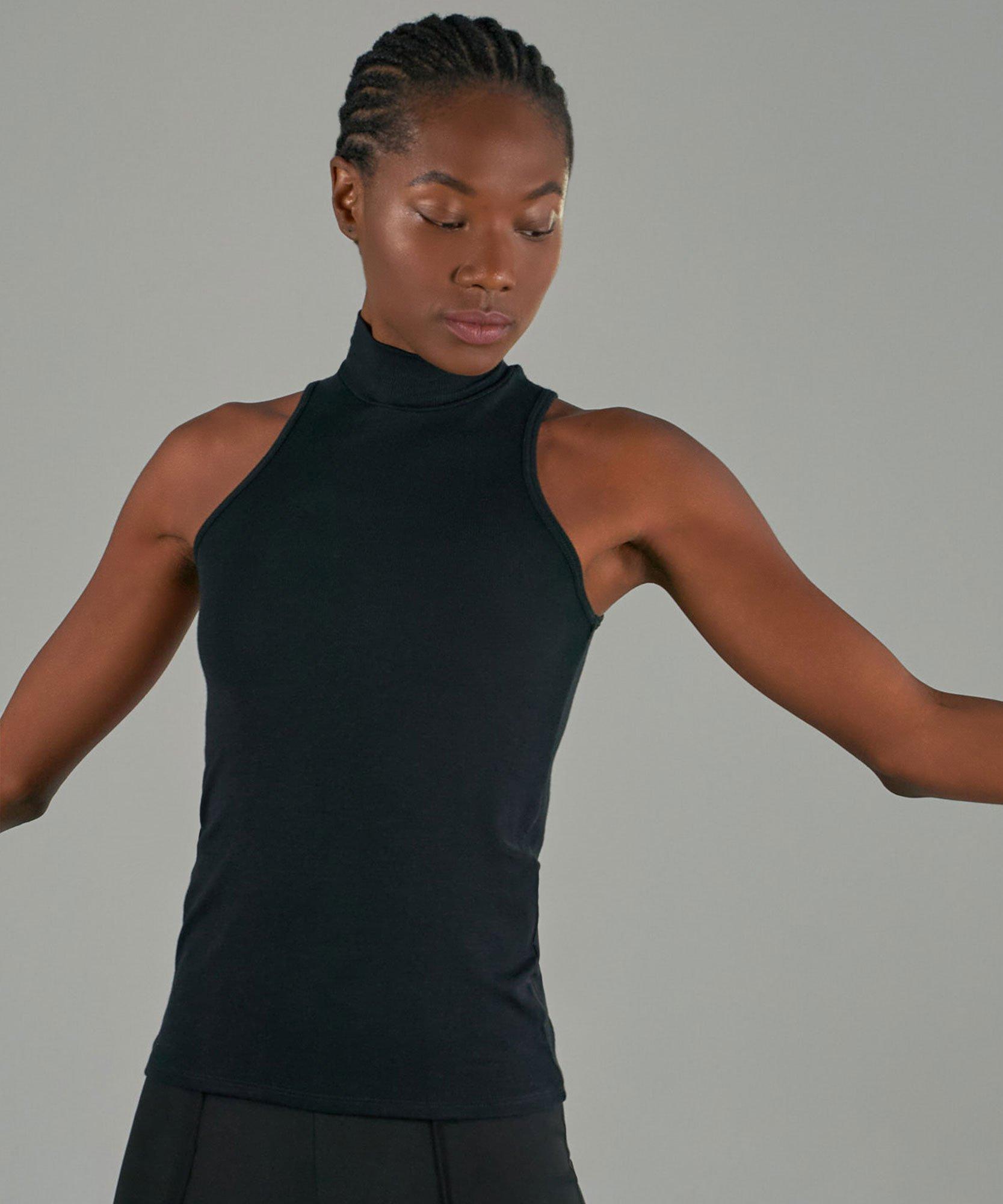 black sleeveless mock neck top