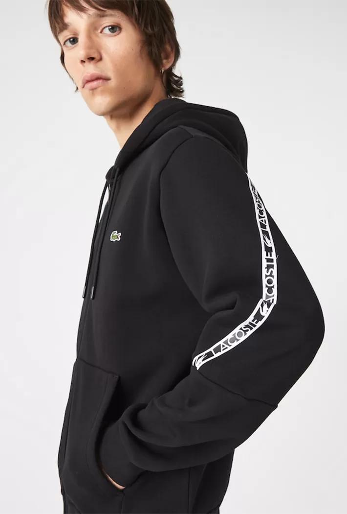 Lacoste Fleece Printed Bands Hooded Zip Sweatshirt in Black for Men | Lyst