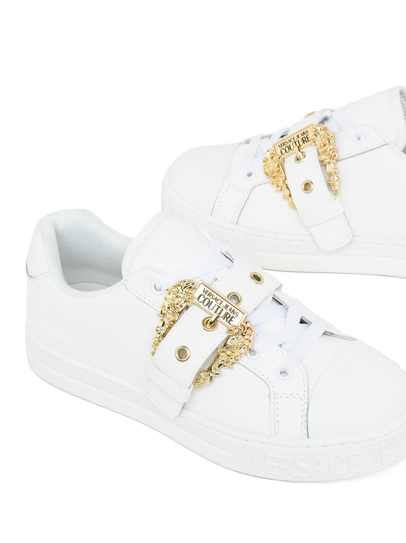 Womens Shoes Trainers Low-top trainers Versace Jeans Couture Denim Buckled Lace-up Sneakers in White 
