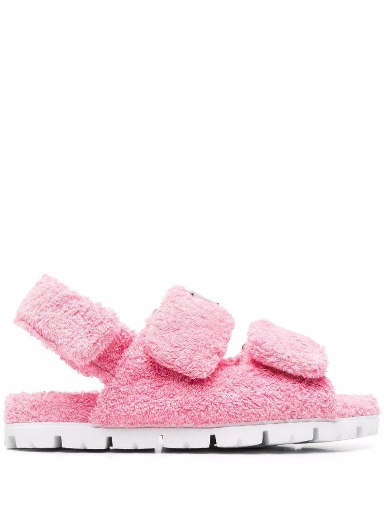 Prada Triangle Logo Shearling Sandals in Pink - Lyst Prada Triangle Logo Shearling Sandals in Pink - Lyst