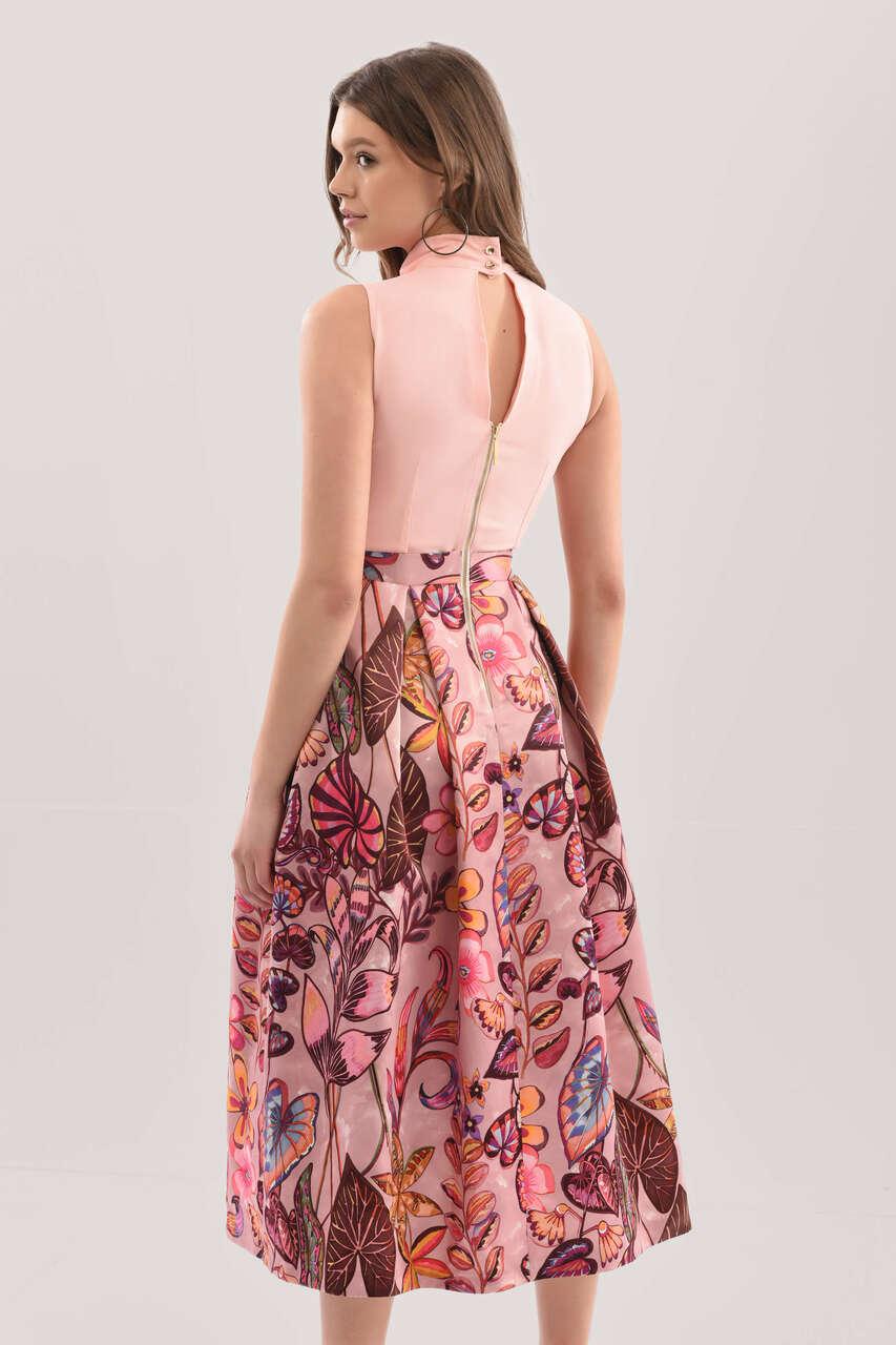 Gold Blush Floral Full Skirt Midi Dress 