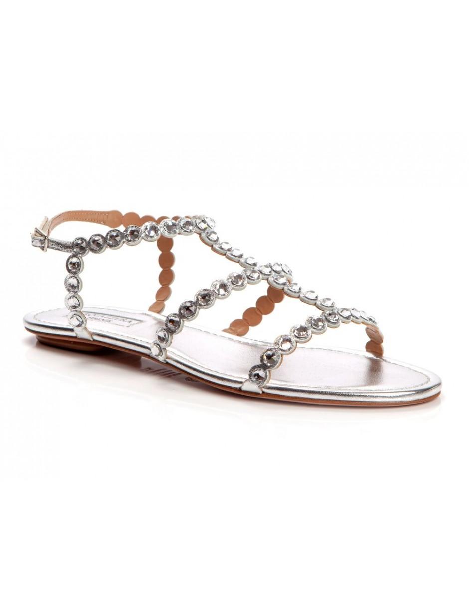 Aquazzura Leather Tequila Sandal Flat Silver In Metallic Lyst