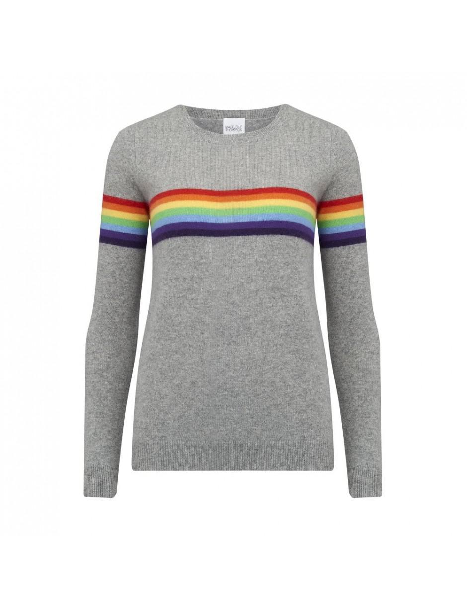 grey jumper with rainbow