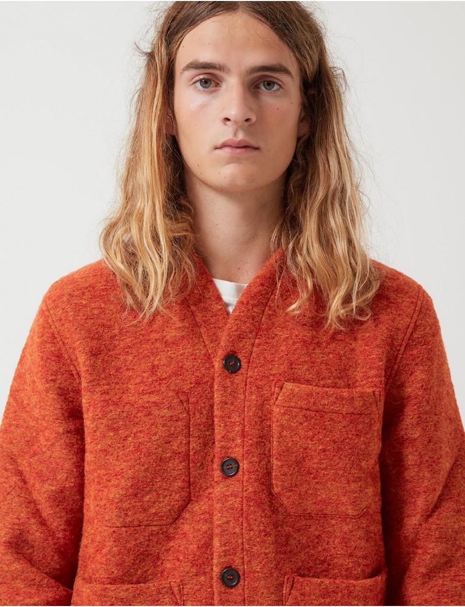 universal works cardigan in orange wool fleece