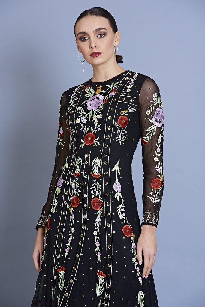black embroidered dress long sleeve