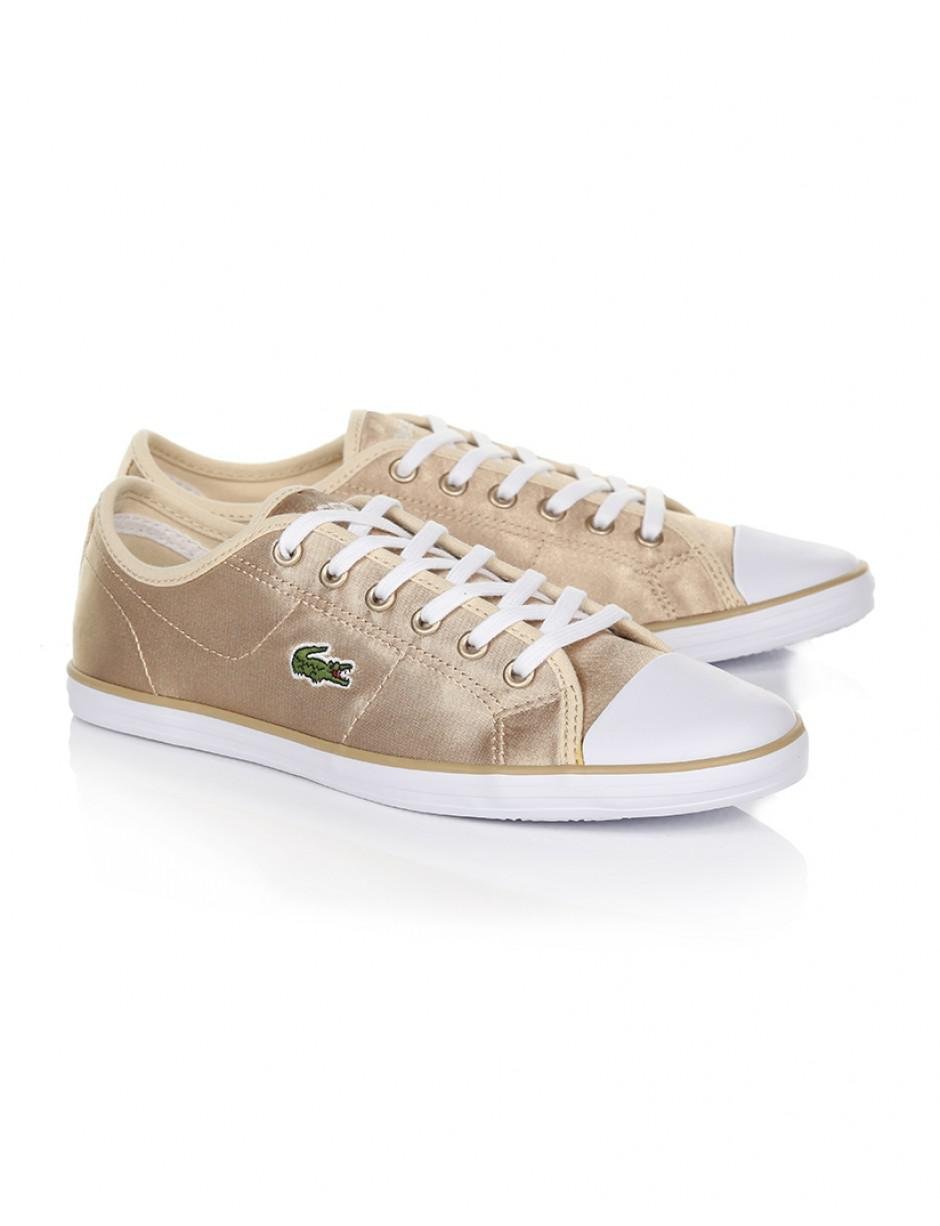 New Womens Lacoste Gold Metallic Ziane Chunky Satin Trainers Flats Lace Up 