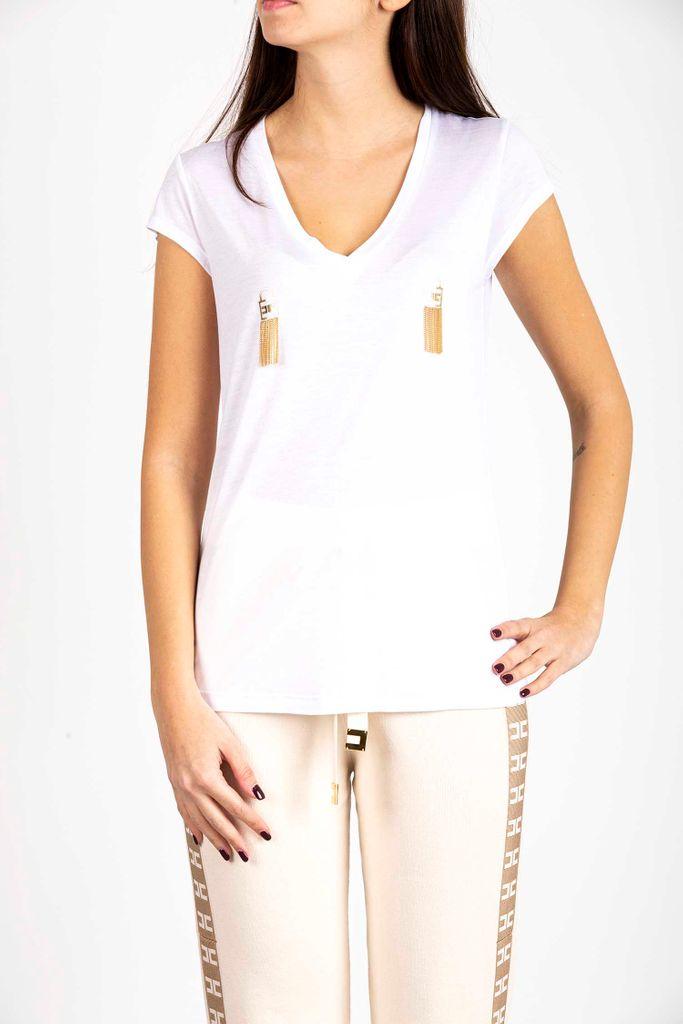 Elisabetta Franchi T-shirt Scollo A V E Applicazioni in White - Lyst