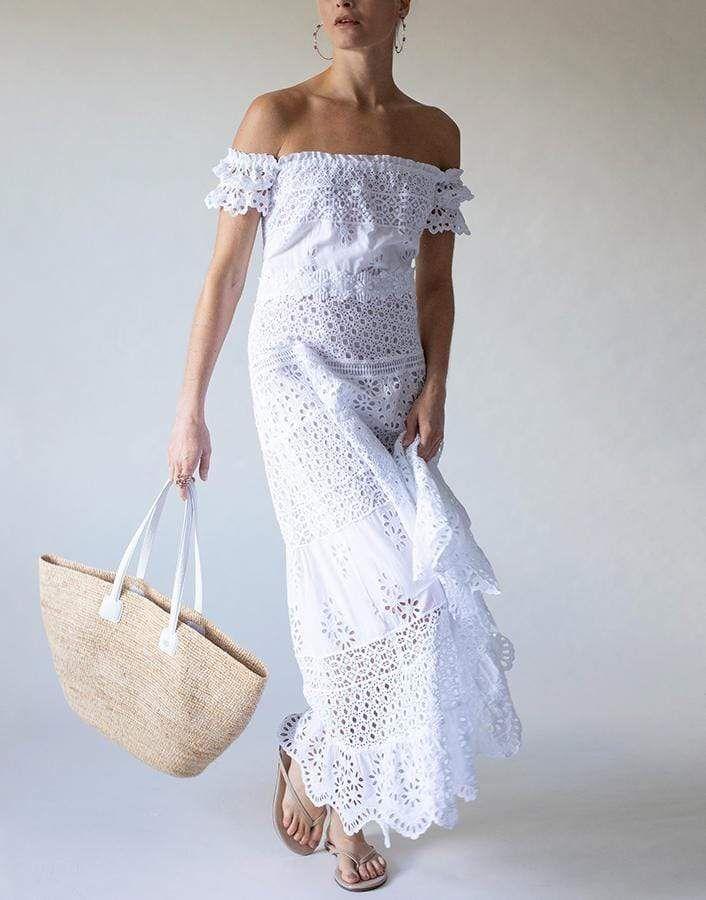 Temptation Positano Cotton Malta Off Shoulder Tea Length Dress in White -  Lyst