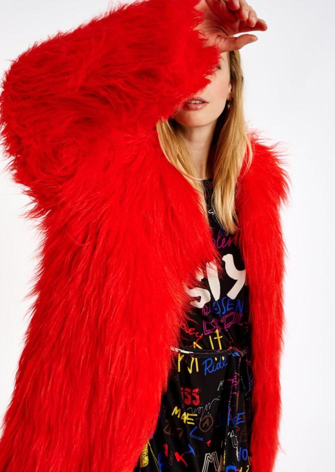 red mongolian fur jacket