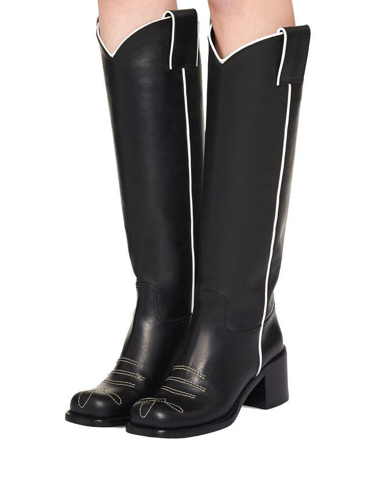 Miu Miu Leather Pull-tab Knee-high Boots in Black | Lyst
