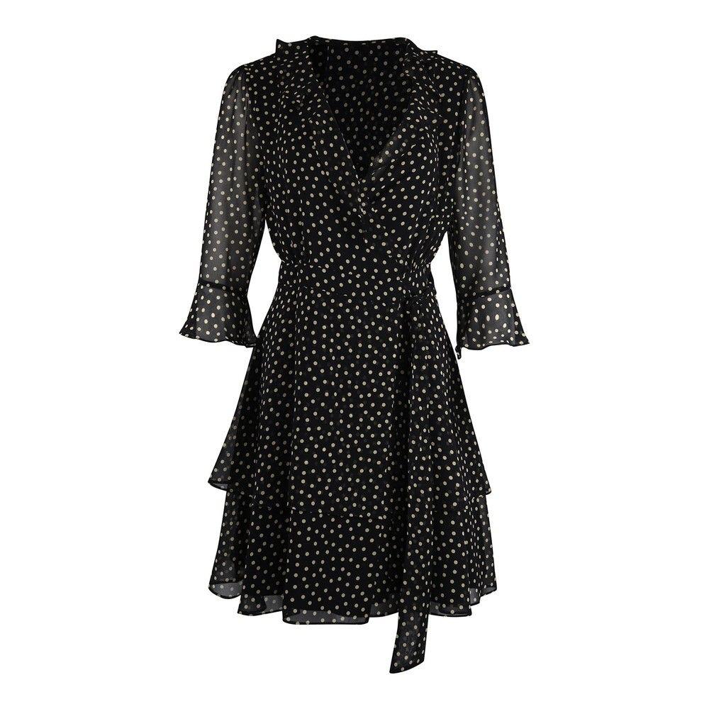 black and white spotted wrap dress