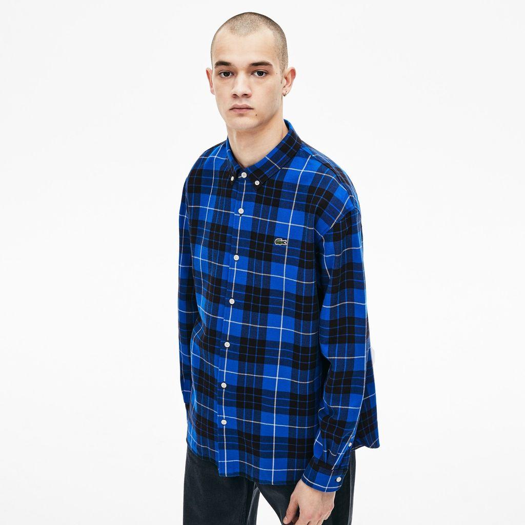 Lacoste Navy Live Boxy Fit Check Flannel Shirt in Blue for Men | Lyst