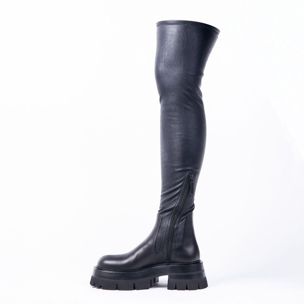 Versace Leather Leonidas Thigh High Black Boots | Lyst
