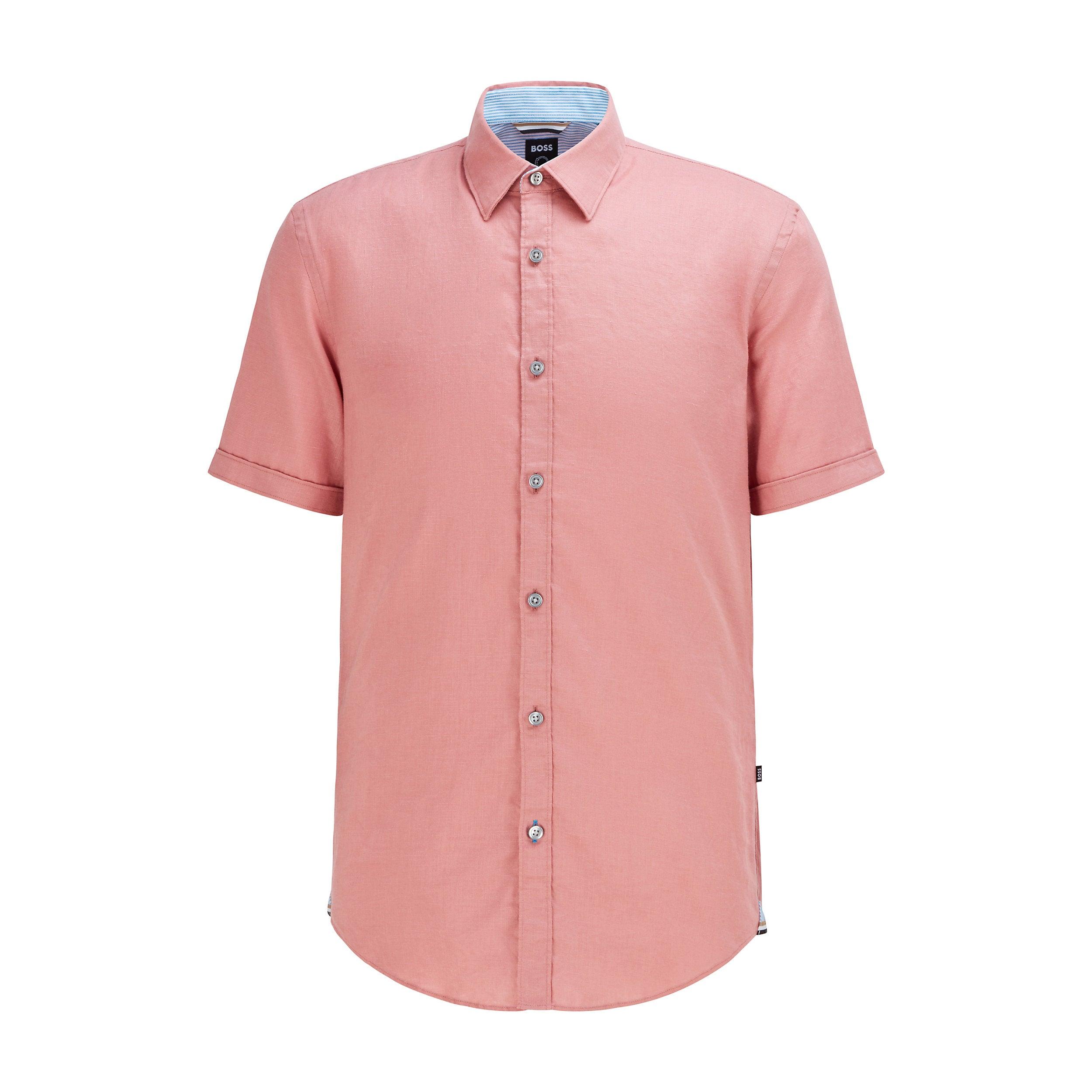 BOSS by HUGO BOSS Linen Hugo - Short Sleeved Slim Fit Shirt In Stretch Line  in Pink for Men | Lyst UK