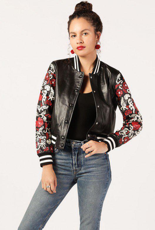 Lyst Doma Leather Varsity Floral Leather Jacket in Black