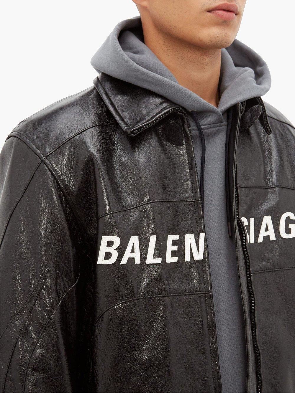 Balenciaga Oversized Logo Appliqué Leather Biker Jacket in Black for