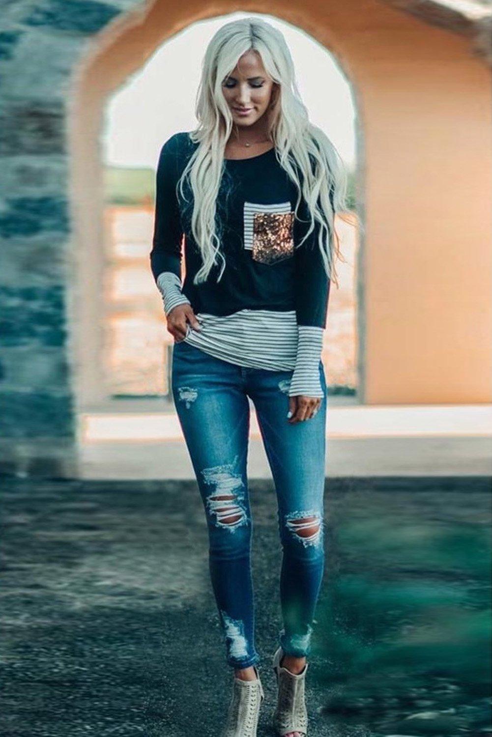 Fashion Women ONeck Long Sleeve Stripe Sequin pocket Splicing Blouse Tops TShirt Fashion Women ONeck Long Sleeve Stripe Sequin pocket Splicing Blouse Tops TShirt