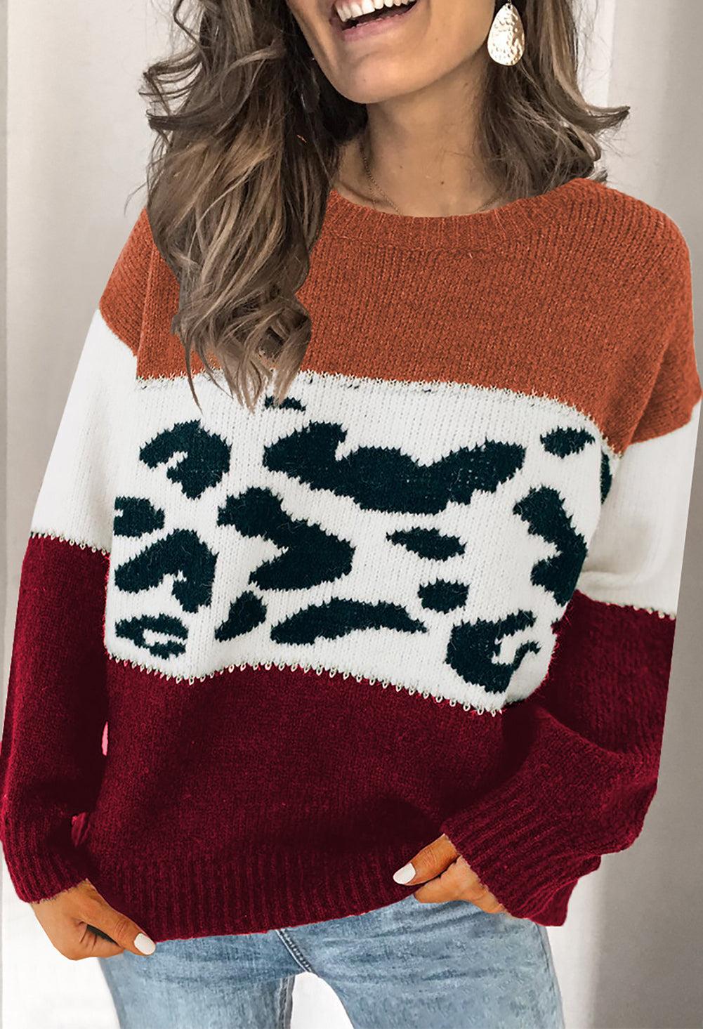 Color Block Leopard Splicing Sweater 