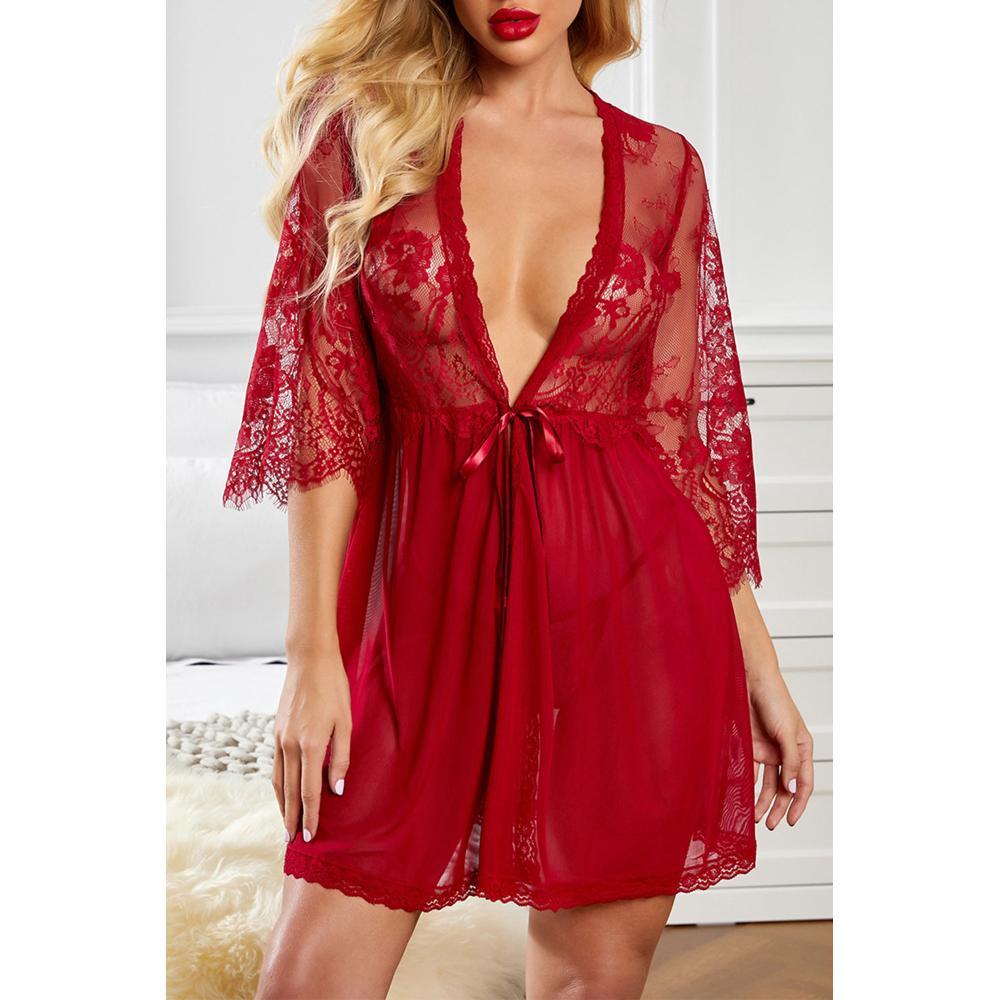 Azura Exchange Romantic Love Lacy Mesh Robe With Thong in Red | Lyst