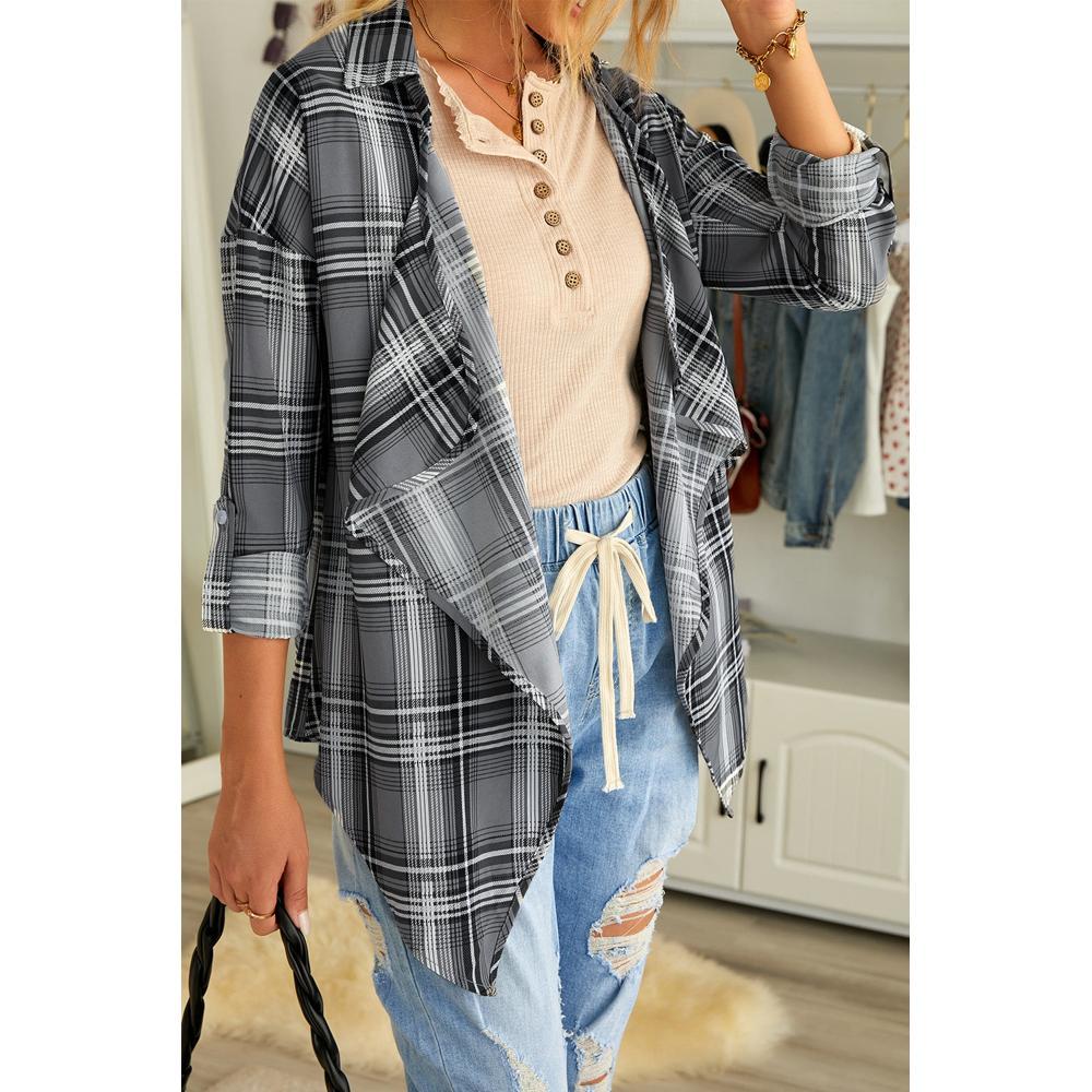 Cotton Plaid Drape Cardigan 