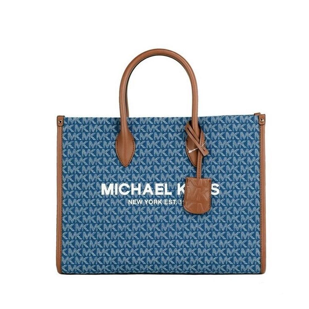 Michael Kors Mirella Medium Signature Blue Logo Canvas East West Tote  Handbag