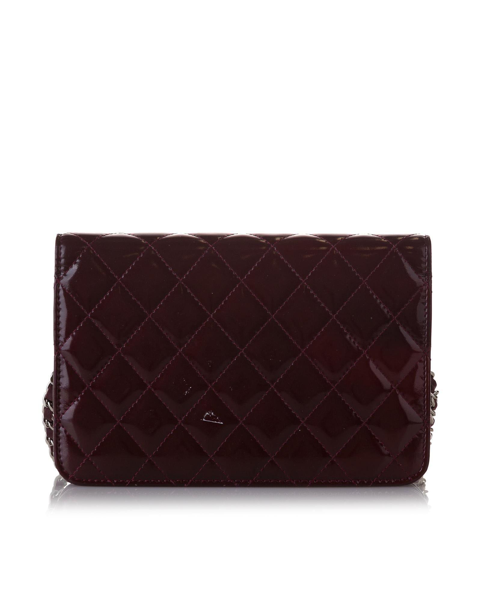 Chanel Quilted Patent Leather Flap Wallet With Chain Strap in Purple