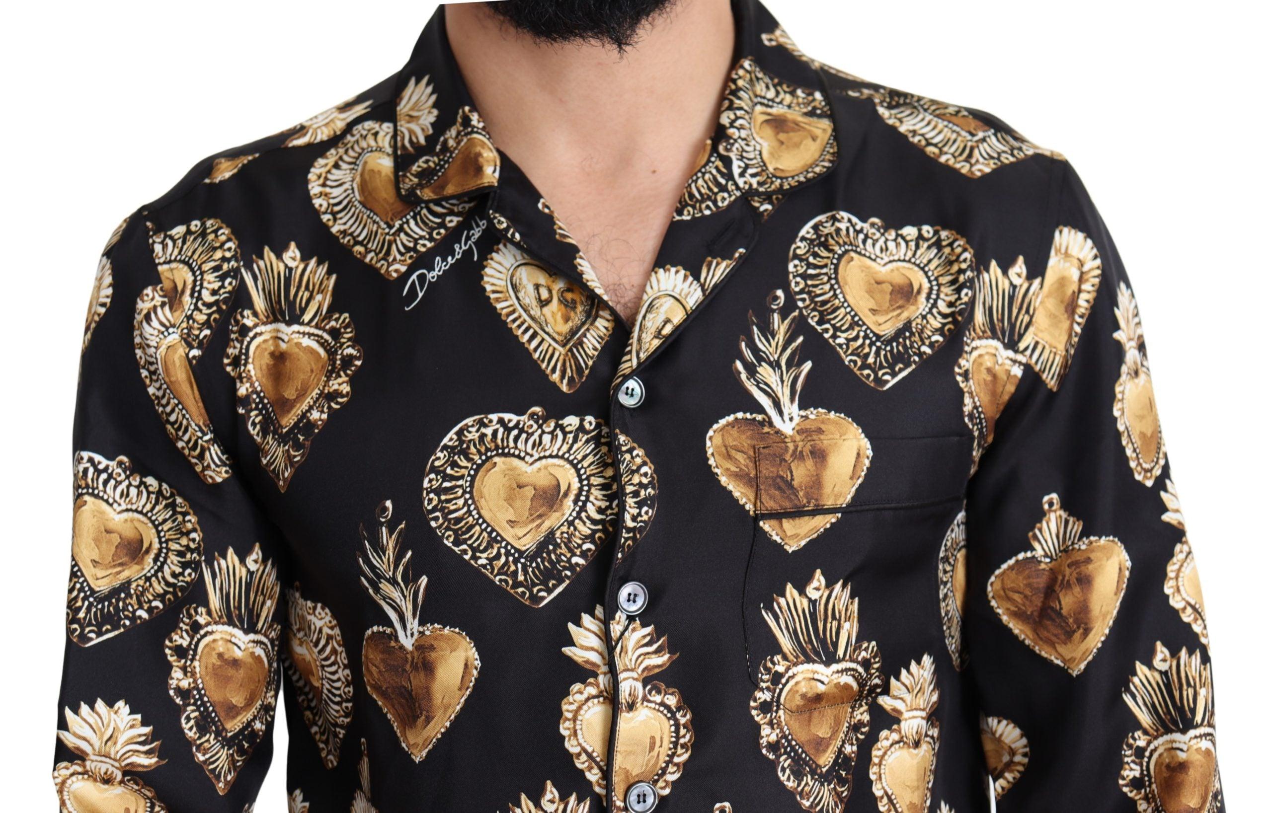 Dolce & Gabbana Sacred Heart Print Silk Casual Black Shirt for Men - Lyst