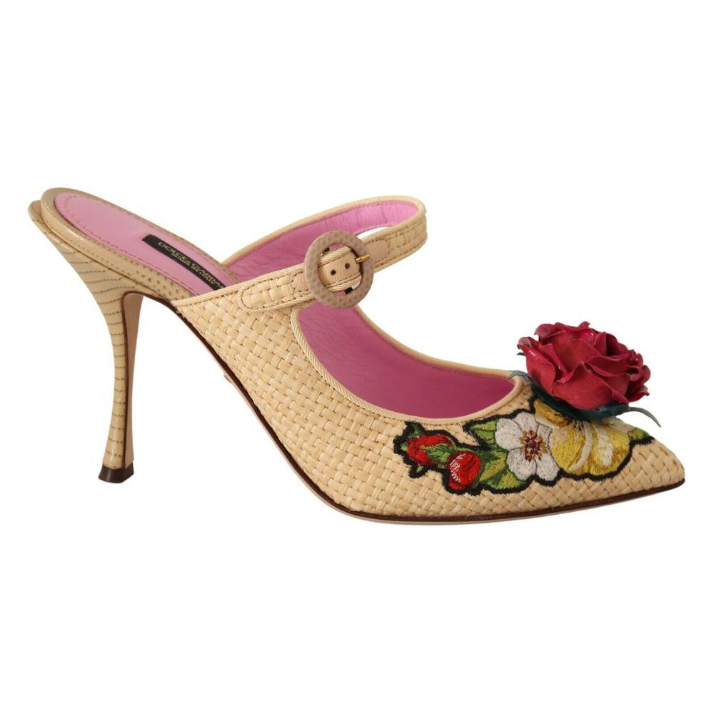 Dolce & Gabbana Beige Floral Slides Heels Mules Rafia Shoes in Black | Lyst