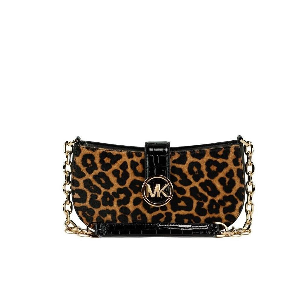 Michael Kors Carmen Small Black Leather Leopard Haircalf Pouchette Handbag  Purse for Men