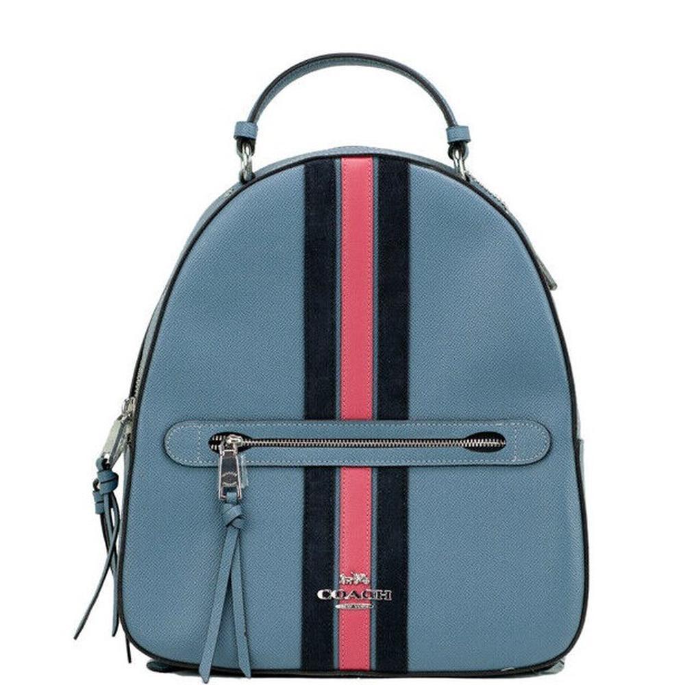 COACH Jordyn Varsity Stripe Indigo Crossgrain Leather Backpack Bookbag