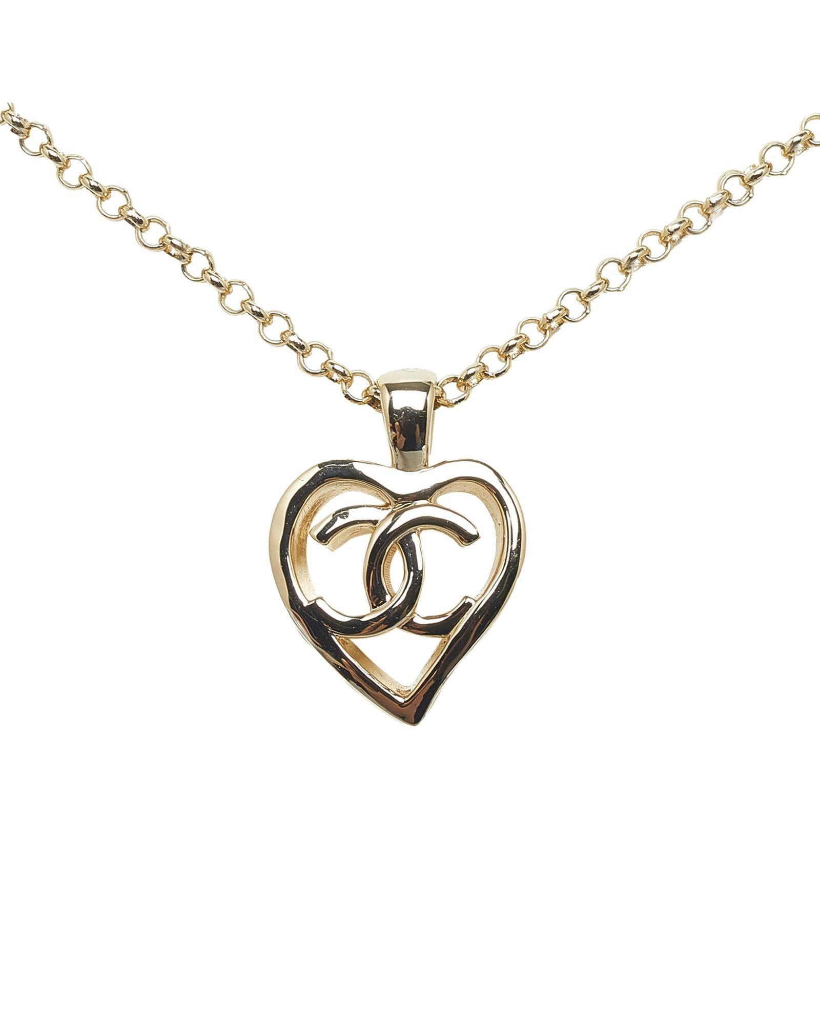 Vintage Chanel Gold Plated Pink Rhinestone CC Heart Pendant Necklace