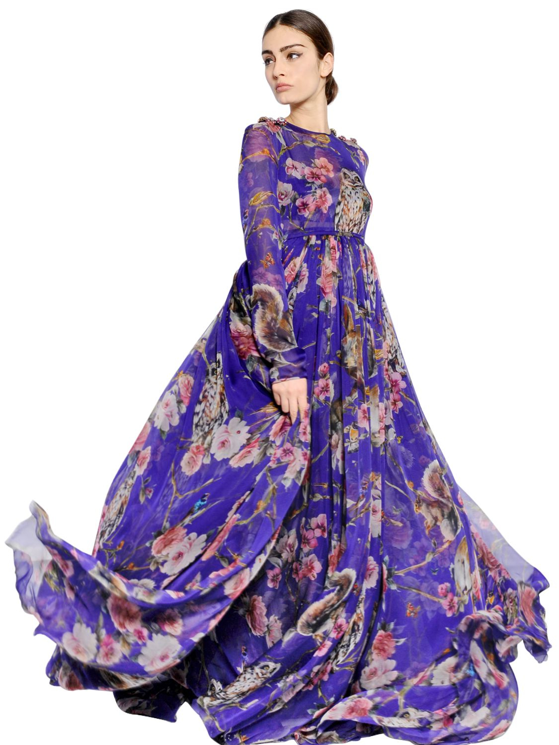 Gabbana Floral Printed Chiffon Dress in Purple | Lyst