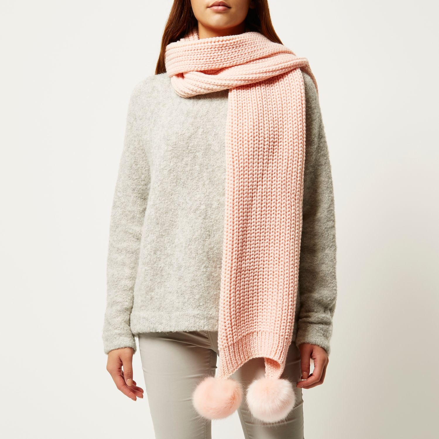 River island Light Pink Knitted Pom Pom Scarf in Pink Lyst