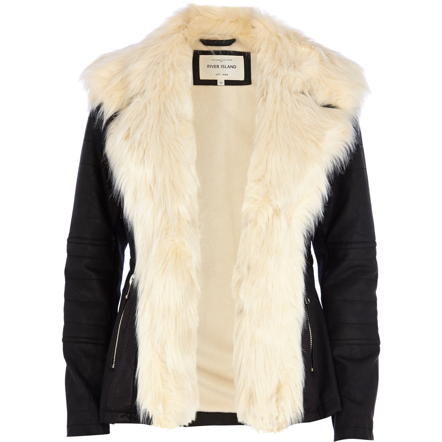 River Island Black Faux Fur Collar Leatherlook Jacket Lyst