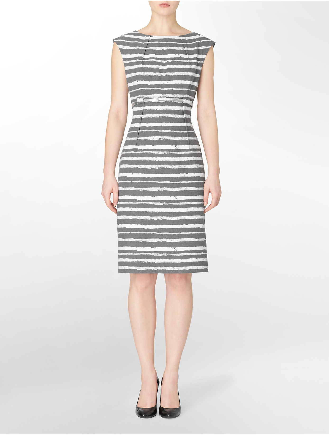 Calvin Klein White Label Pleated + Belted Striped Sheath Dress in Gray |  Lyst