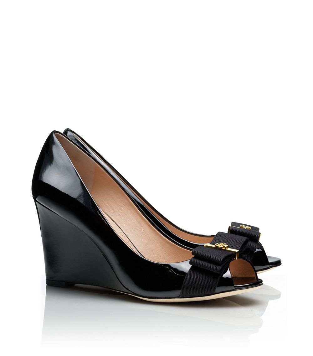 Tory Burch Trudy Patent Open-Toe High Wedge in Black | Lyst Tory Burch Trudy Patent Open-Toe High Wedge in Black | Lyst