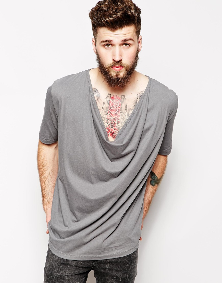 ASOS T-Shirt With Draped Cowl Neck in Gray for Men | Lyst