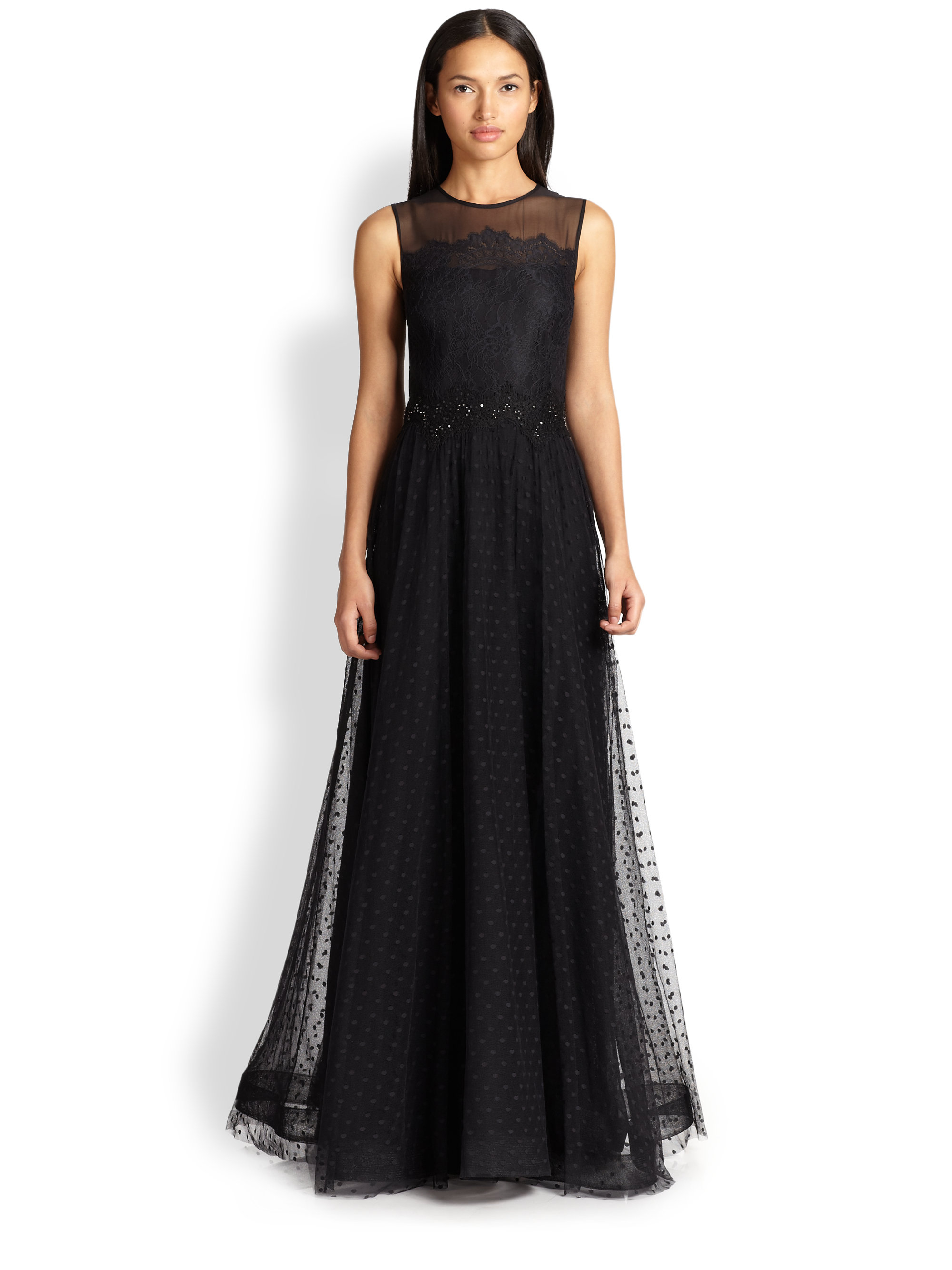 Lyst - Teri Jon Illusion Lace-bodice Gown in Black