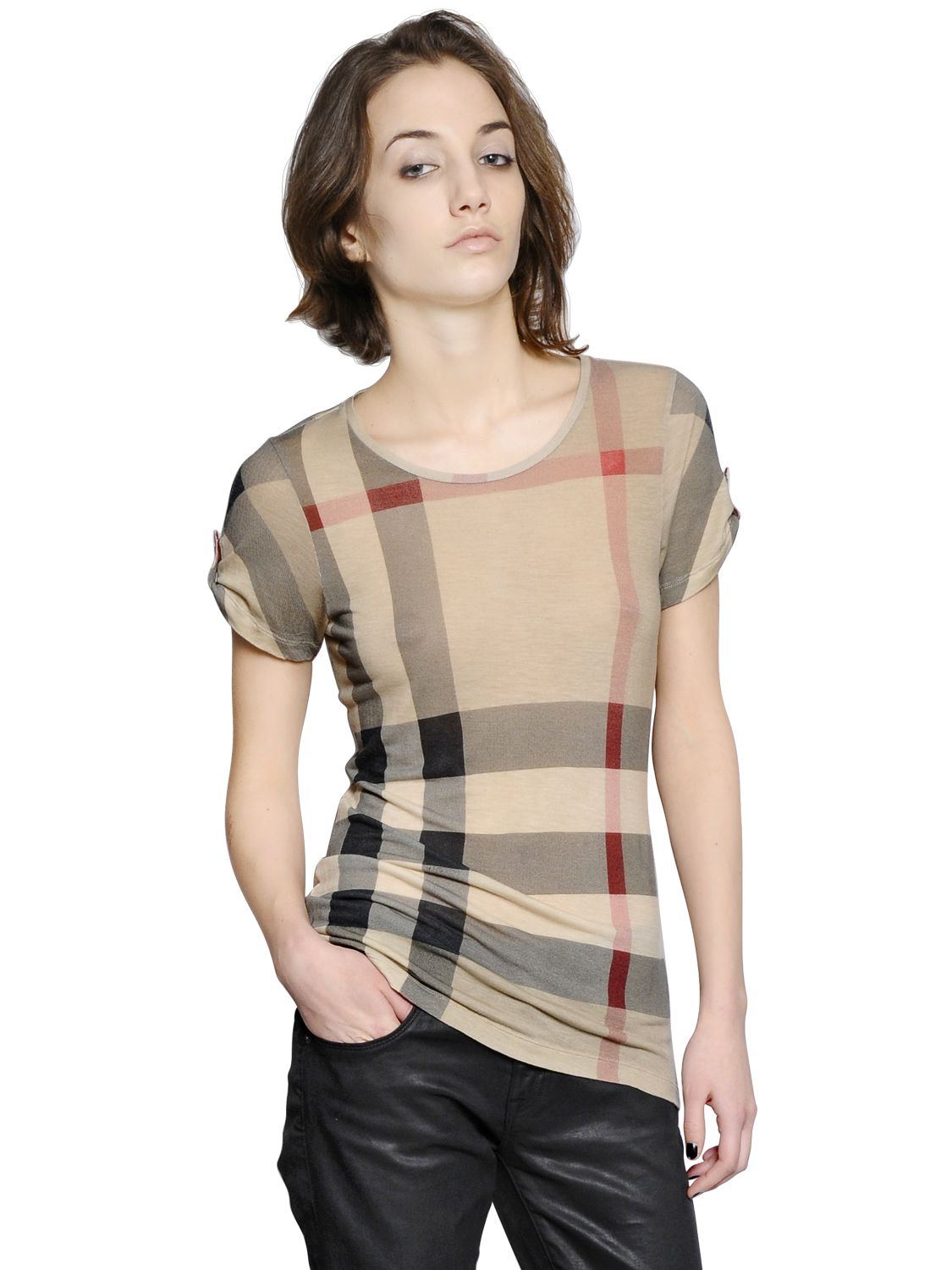 Burberry Brit Check Printed Modal T-Shirt in Natural | Lyst