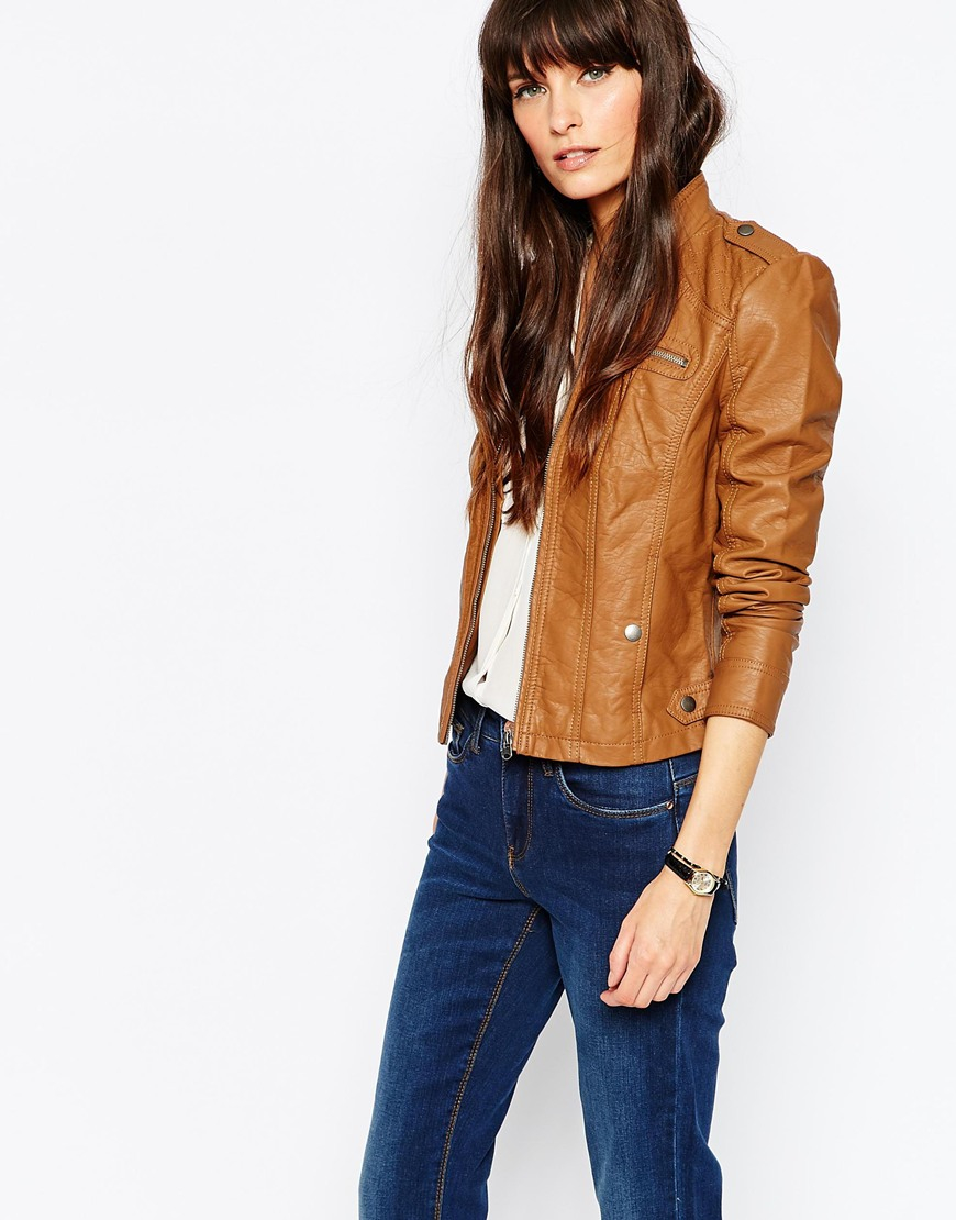 Vero Moda Collarless Leather Look Jacket In Brown Lyst Gallery Women S Collarless Leather Jackets