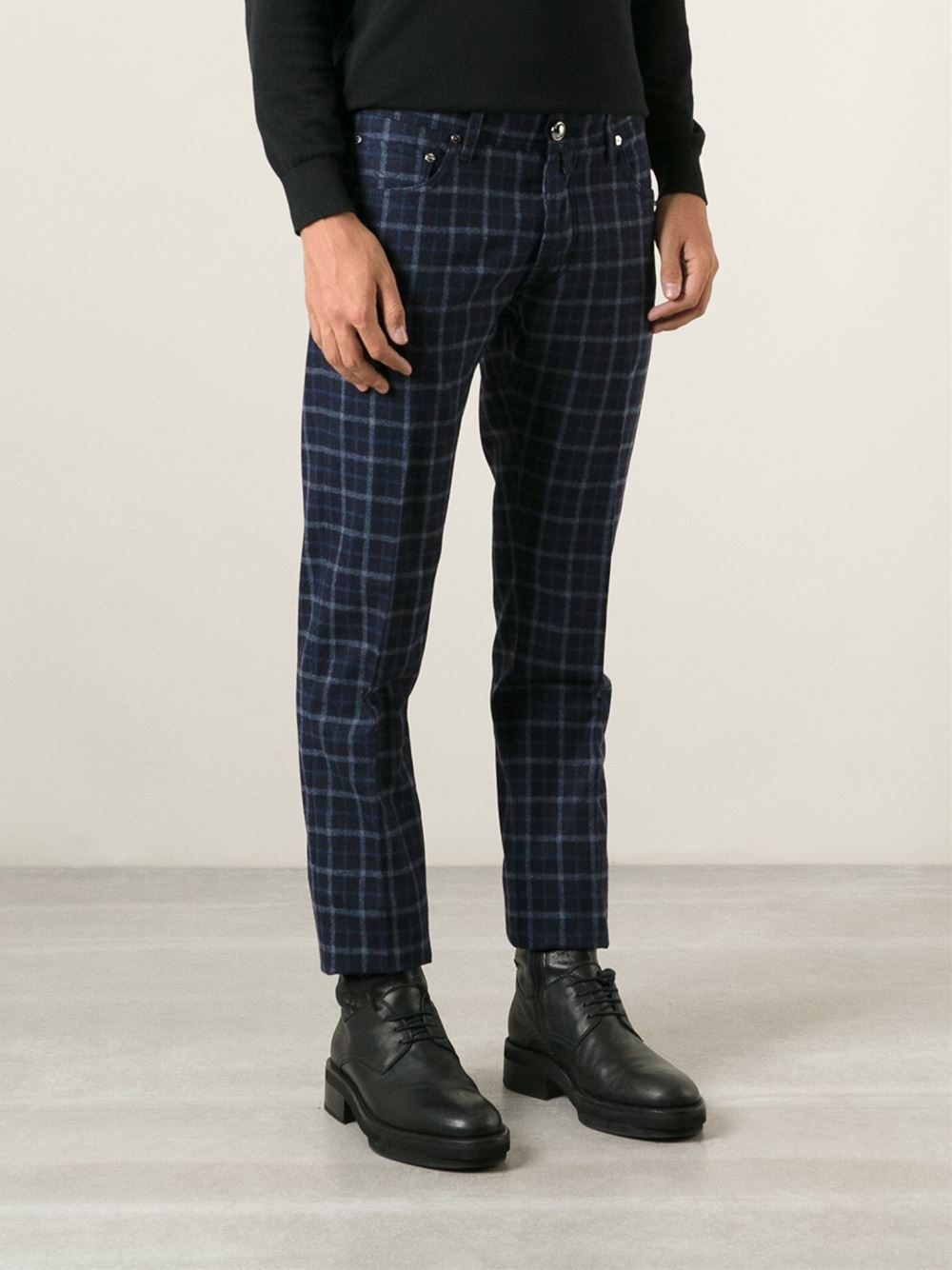 blue checkered trousers mens