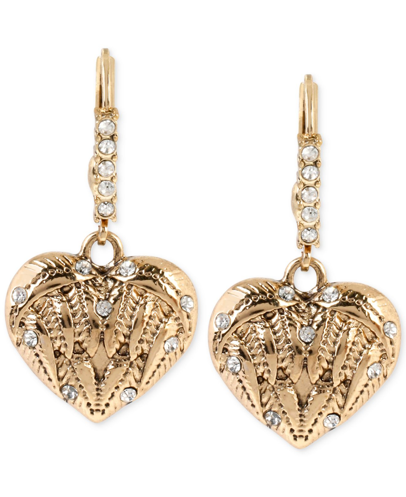 Lyst - Betsey johnson Gold-tone Crystal Enhanced Heart Drop Earrings in ...