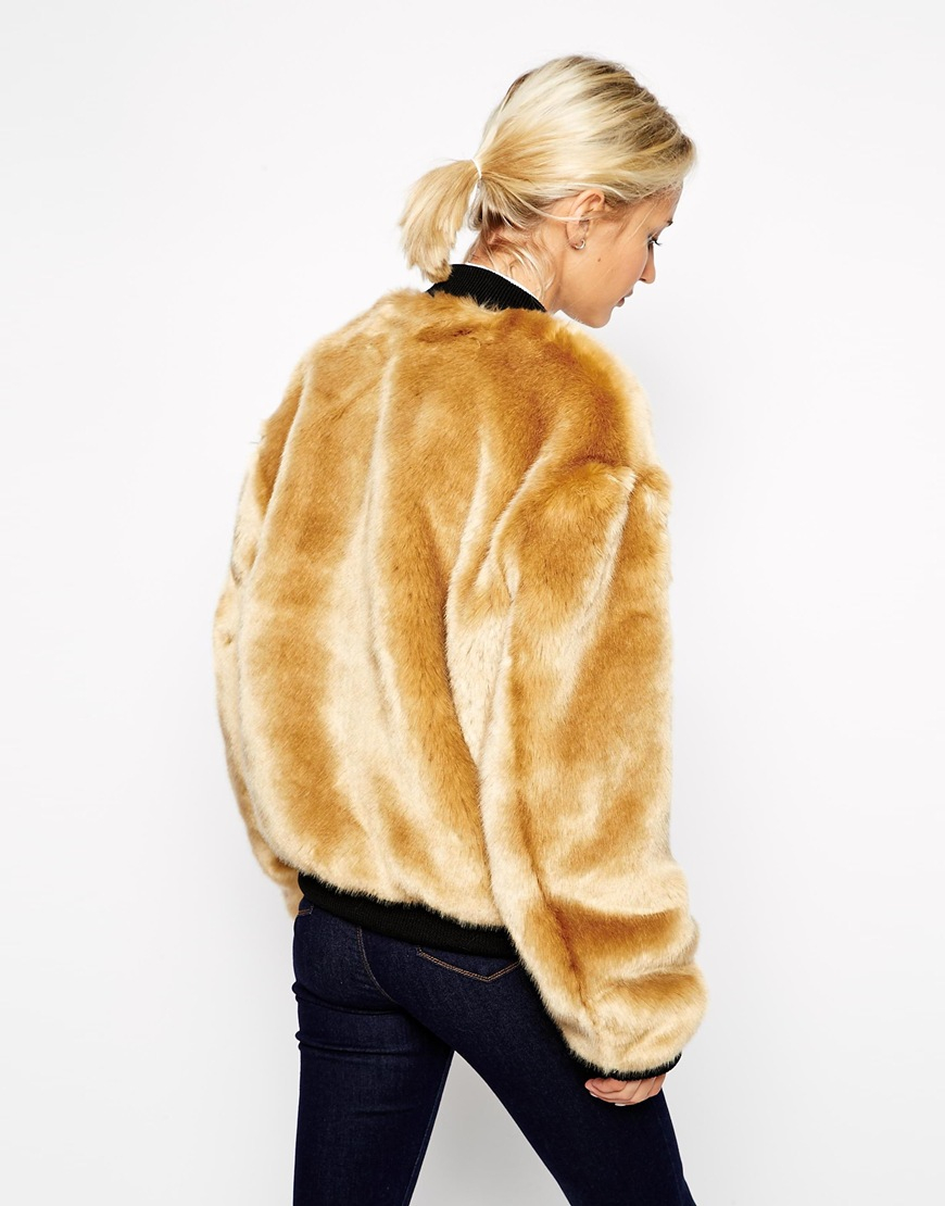 ASOS Faux Fur Bomber Jacket  in Natural Lyst