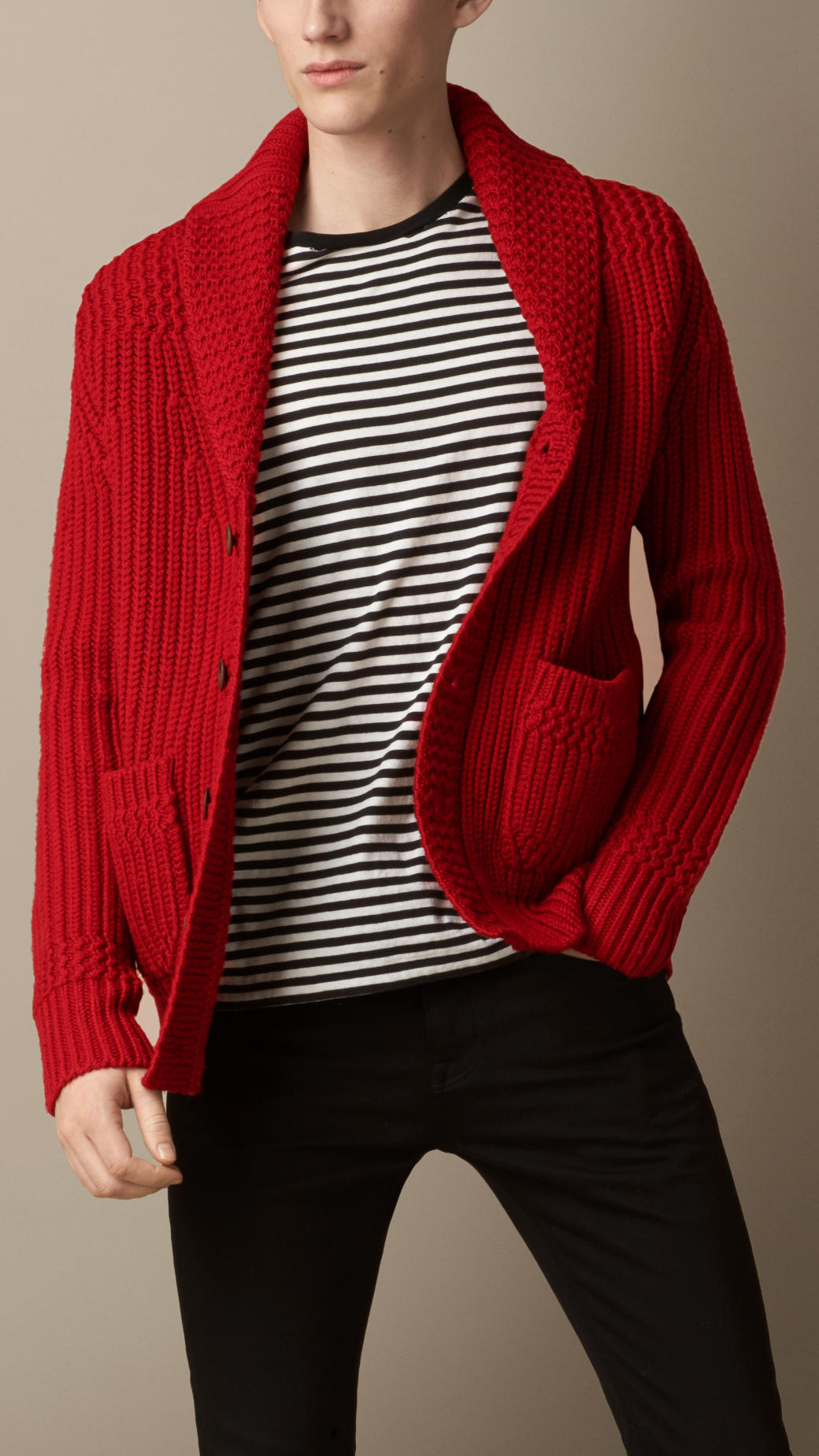 red shawl collar cardigan