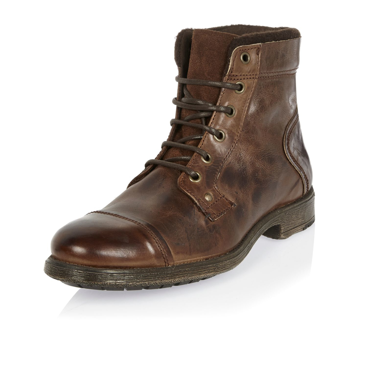 River Island Dark Brown Leather Utility Boots in Brown for River Island Dark Brown Leather Utility Boots in Brown for