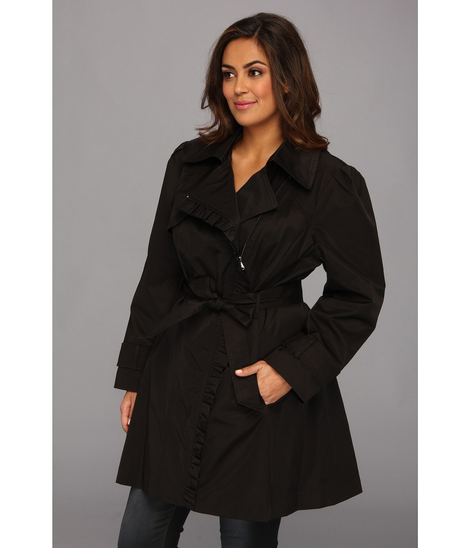 Jessica simpson Plus Size Ruffle Trim Belted Trench Coat in Black ...