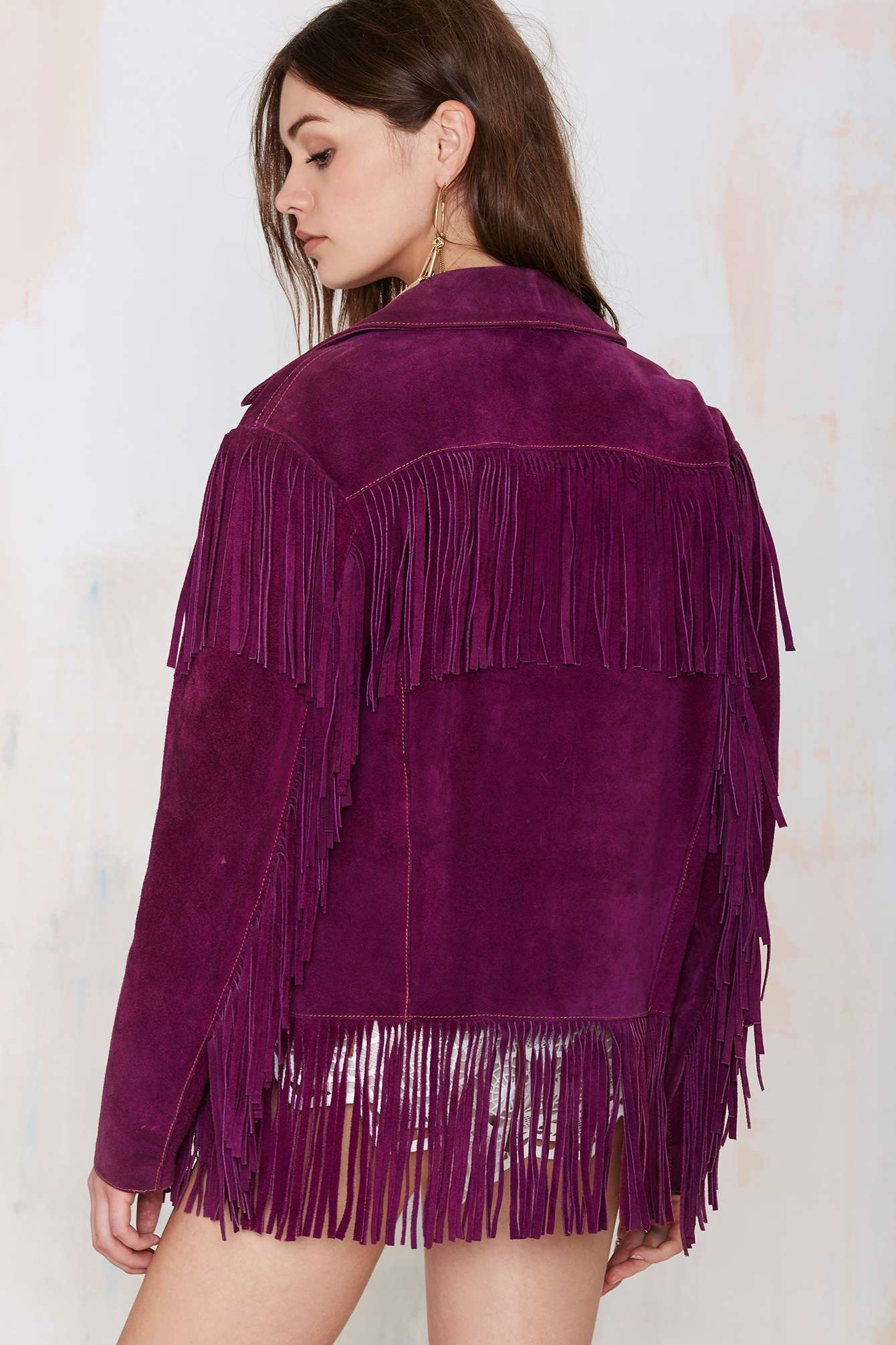 purple fringe jacket