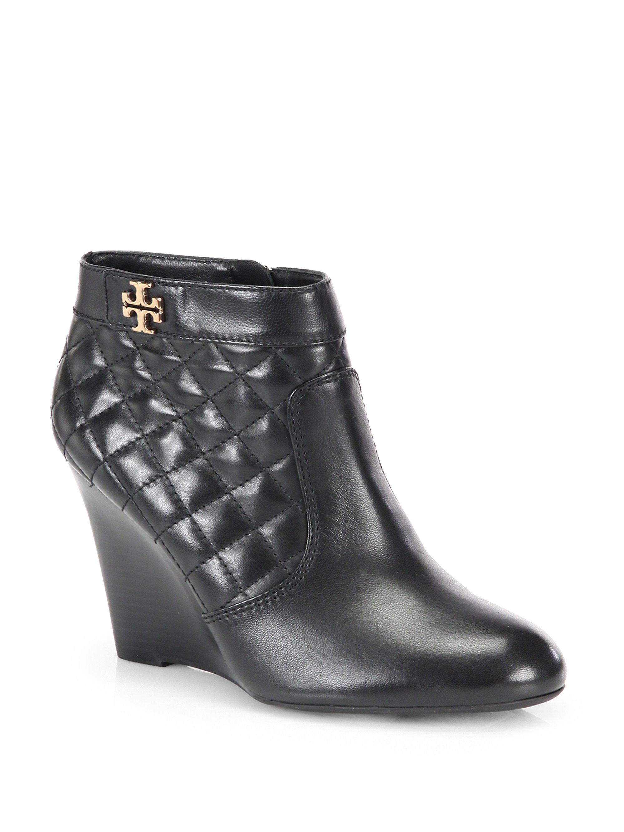 Tory Burch Leila Quilted Leather Wedge Ankle Boots in Black | Lyst