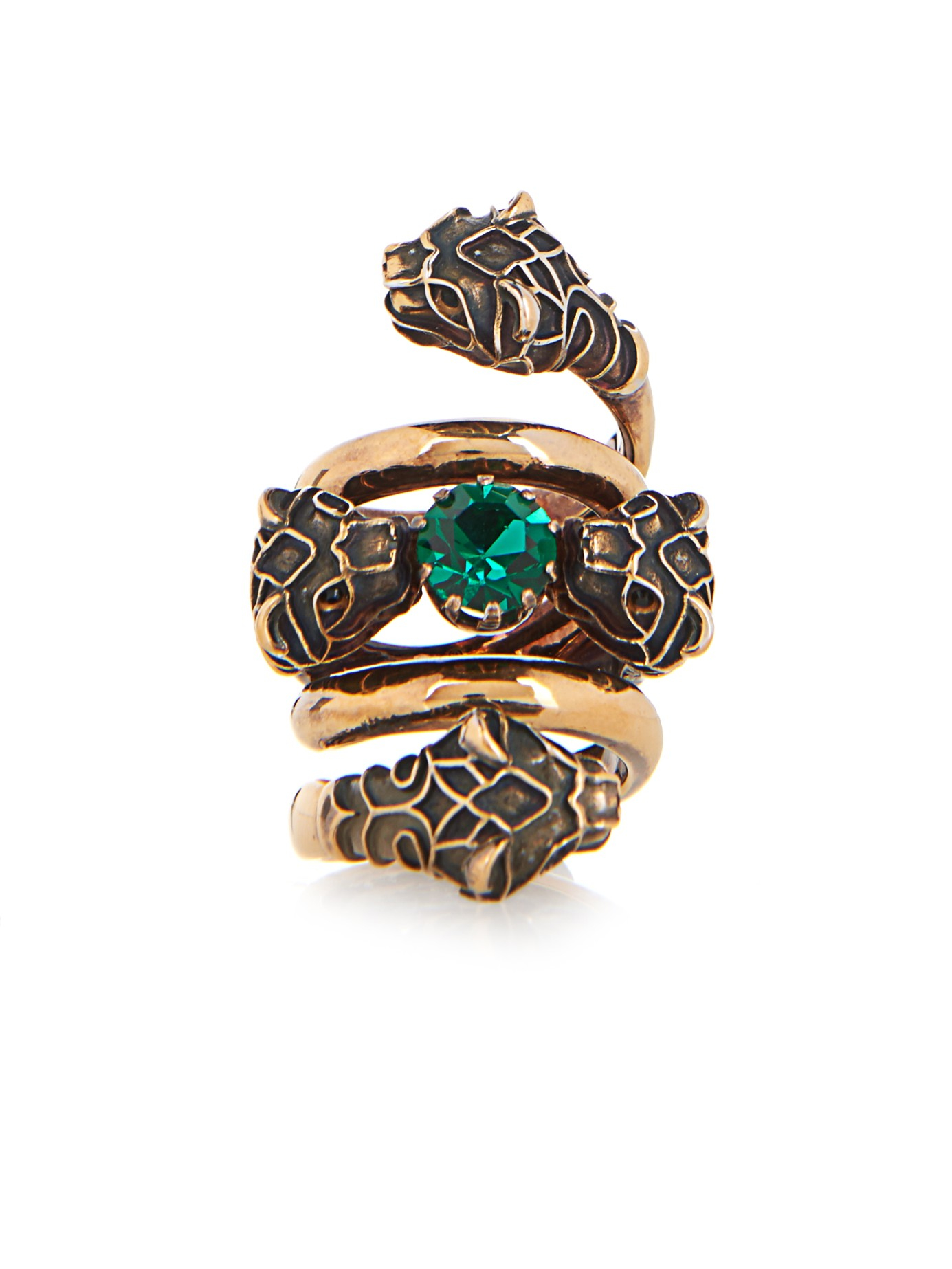 Gucci Crystal-Embellished Tiger-Head Ring in Green Gold (Green) | Lyst