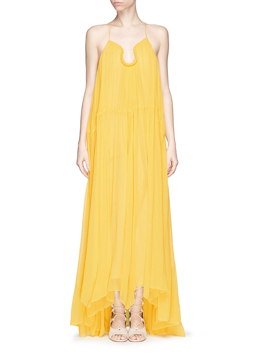 Lyst - Chloé Dip Neck Silk Crépon Dress in Yellow